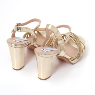 Sandali in simil pelle con tacco alto comodo e fasce ricoperte di strass