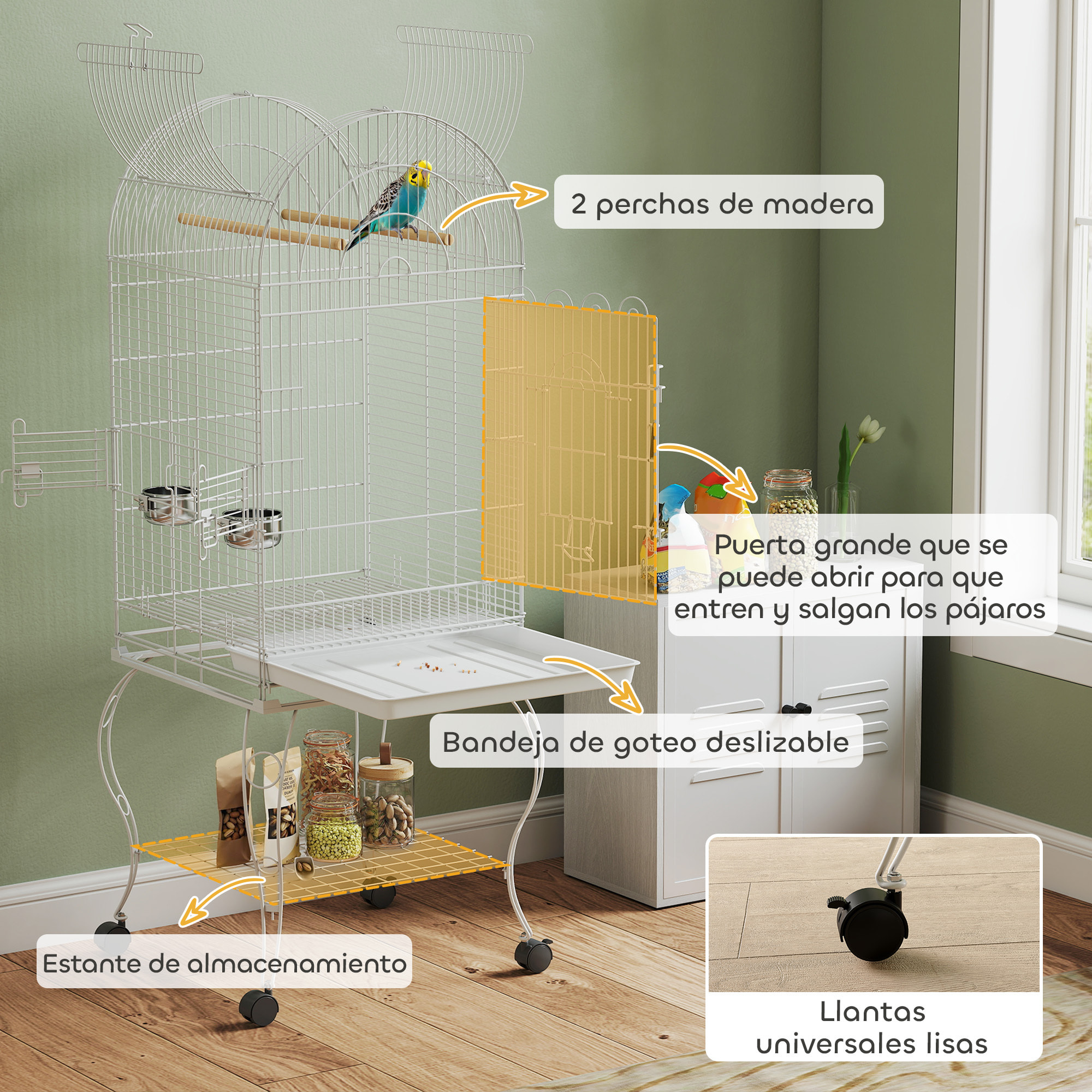 Jaula para Pájaros con Ruedas y Estante, 51x51x153 cm, Jaula Grande con Parte Superior Abatible, 2 Comederos, 2 Perchas, 4 Puertas y Bandeja Extraíble, para Loros y Canarios, Blanco