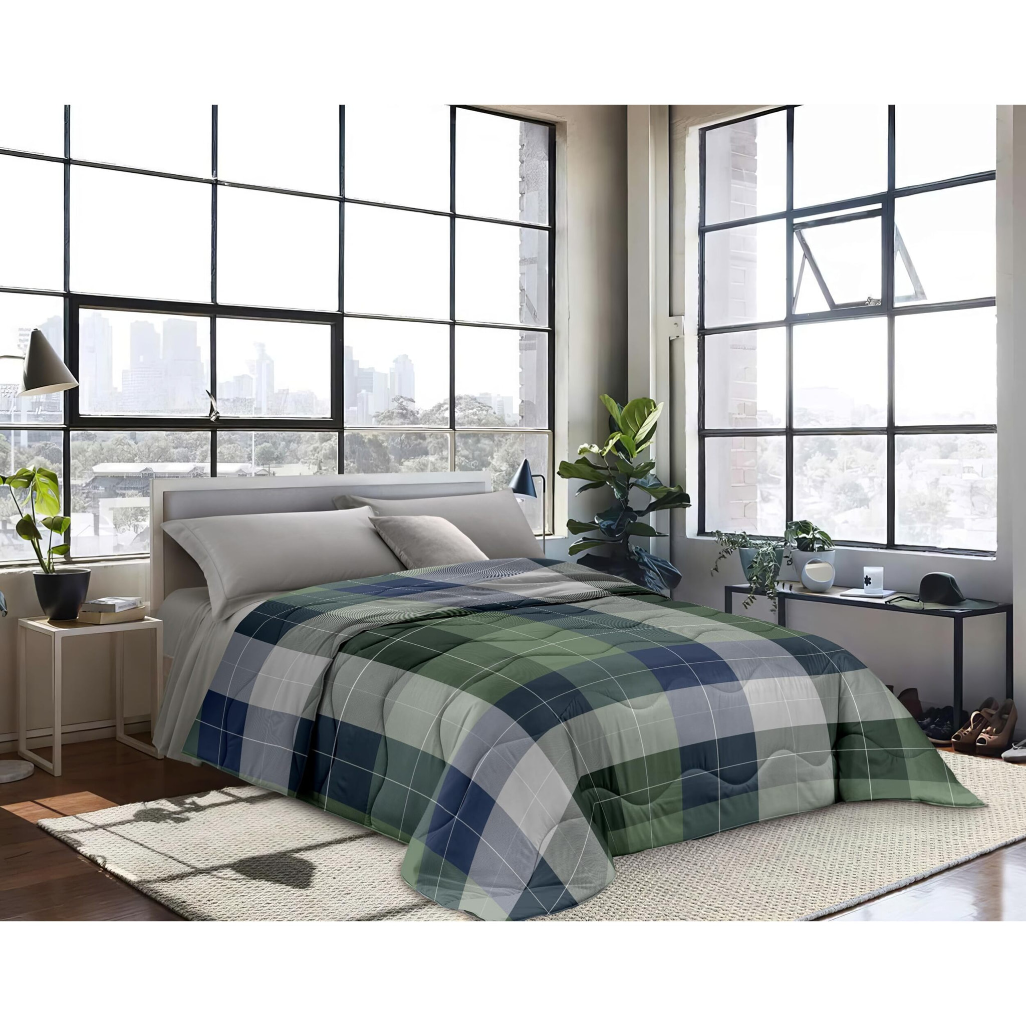 INTRECCI Piumino Matrimoniale, 260 x 260 cm, Piumino Ecologico, Caldo, Invernale, 300 g/m², Anallergico e Antiacaro, Made in Italy, Lavabile in Lavatrice, Soffice, Morbido. Fantasia: Quadri verde