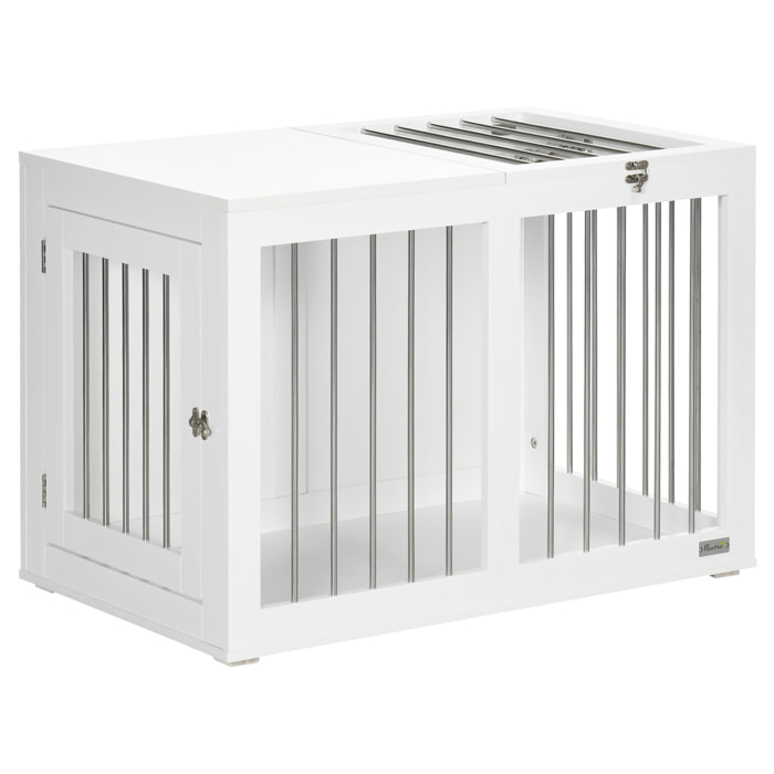 Jaula para Perros Medianos 2 en 1 Mesa Auxiliar Estilo Moderno con 2 Puertas con Pestillo y Estructura de Acero Inoxidable Casa para Perros 80x50x56,5 cm Blanco