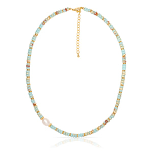 Set de pulsera y collar a juego de piedras Shou shan, perla blanca natural y cierre de mosquetón.