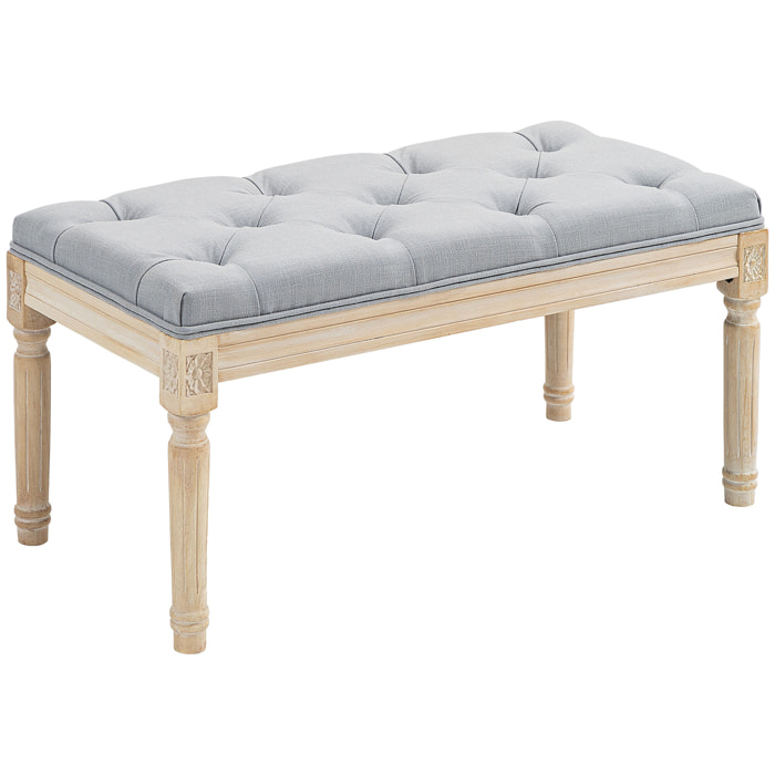 Banco Pie de Cama, Taburete Pie de Cama Tapizado en Lino Sintético con Patas de Madera y Asiento Acolchado, Estilo Vintage, Banco para Dormitorio, Entrada, Pasillo, Gris Claro