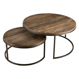 SIXTINE - Set de 2 tables basses gigognes rondes Teck recyclé Acacia Mahogany recyclé pieds métal noir