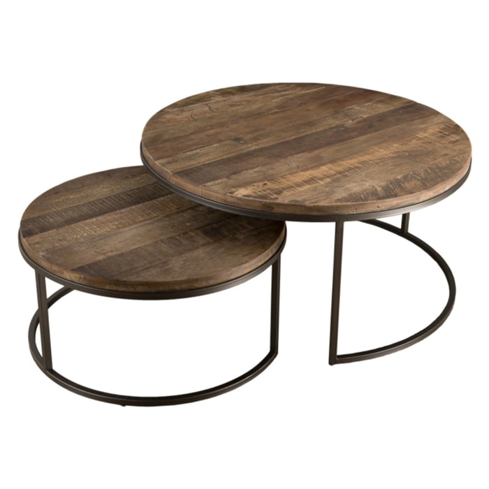 SIXTINE - Set de 2 tables basses gigognes rondes Teck recyclé Acacia Mahogany recyclé pieds métal noir