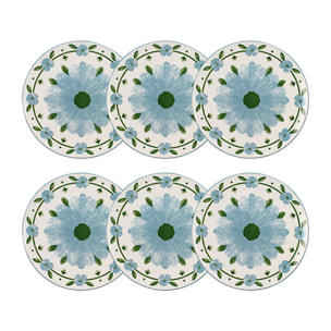 Lot de 6 assiettes plates 27cm en porcelaine blanc et bleu floral PRIMAVERA