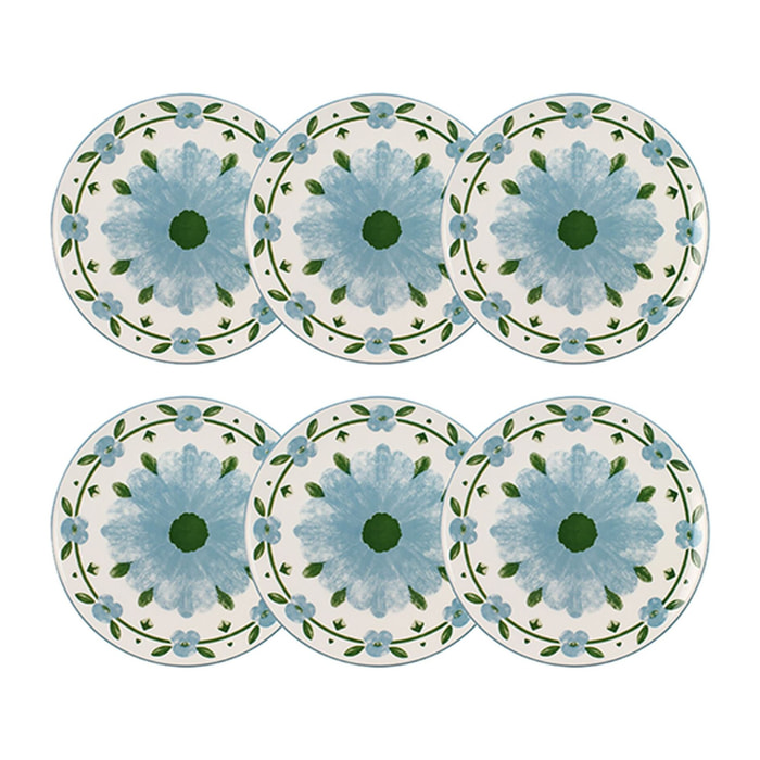 Lot de 6 assiettes plates 27cm en porcelaine blanc et bleu floral PRIMAVERA
