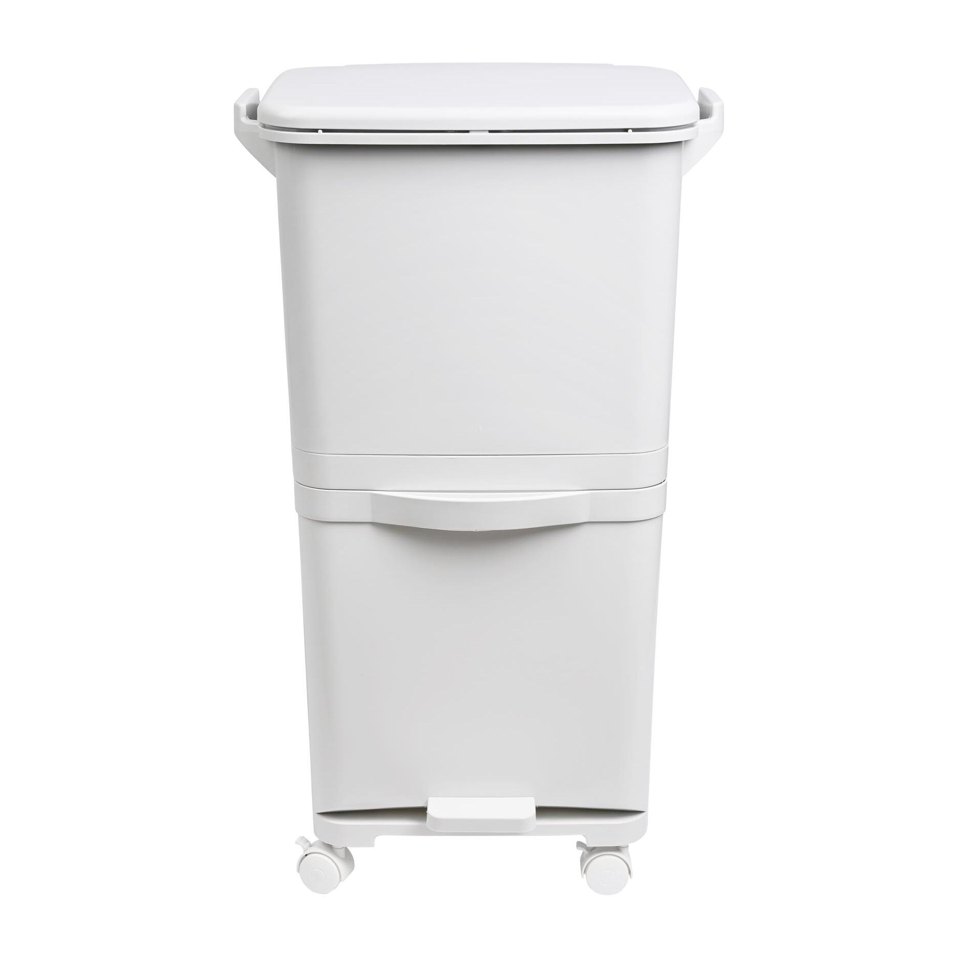 Papelera de reciclaje con 2 compartimentos de 24L + 14L, con pedal y ruedas, gris
