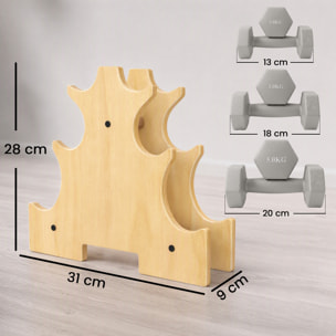 Lot de 3 paires d'haltères hexagonaux total 18 Kg avec support en bois