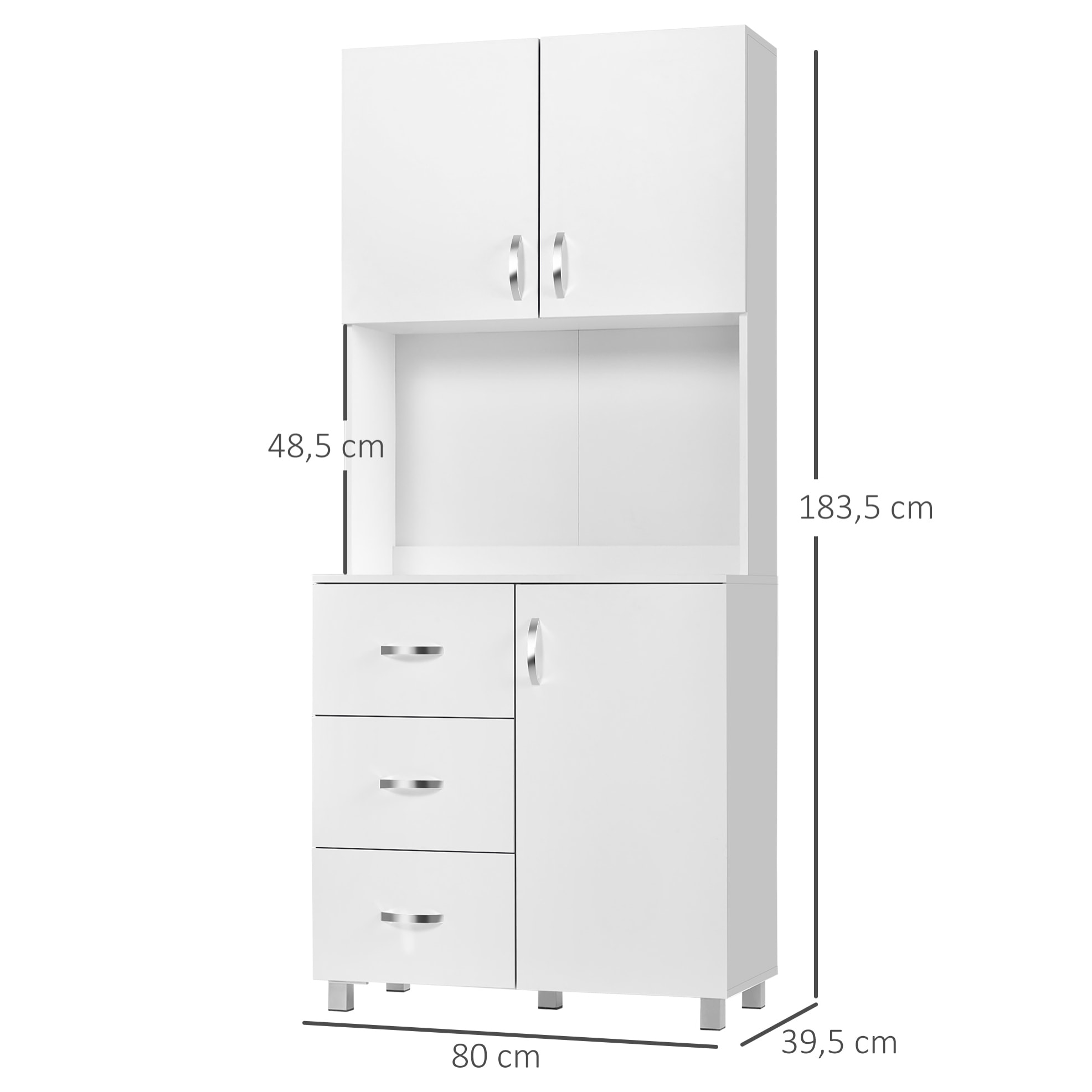 Armario Alacena de Cocina Alacena Alta con 3 Cajones 3 Puertas y Estantes Interiores Ajustables Mueble Auxiliar para Comedor Salón 80x39,5x183,5 cm Blanco