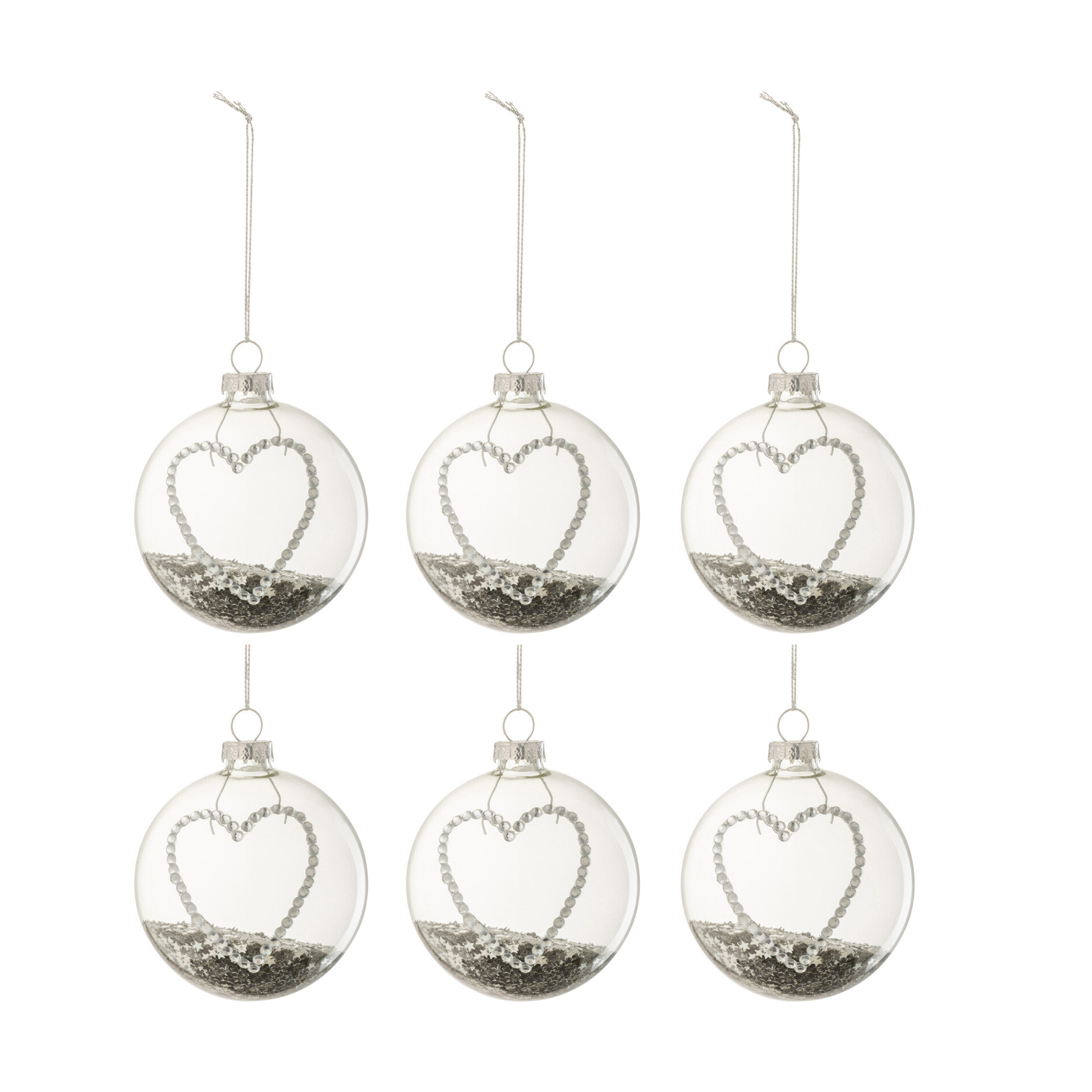 J-Line boule De Noël Coeur Strass Etoiles - verre - argent/transparent - small - boîte de 6