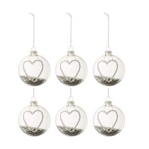 J-Line boule De Noël Coeur Strass Etoiles - verre - argent/transparent - small - boîte de 6