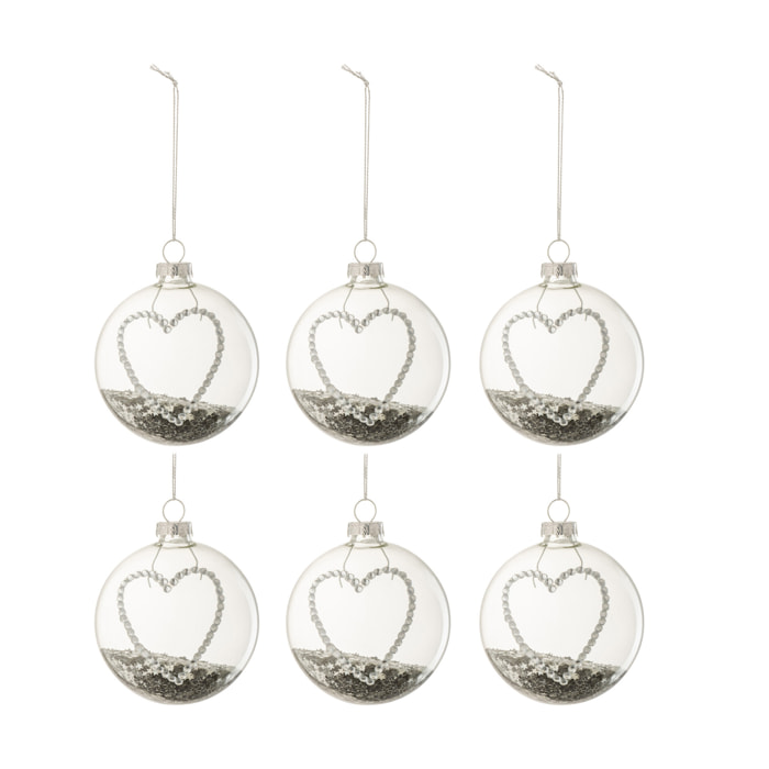 J-Line boule De Noël Coeur Strass Etoiles - verre - argent/transparent - small - boîte de 6