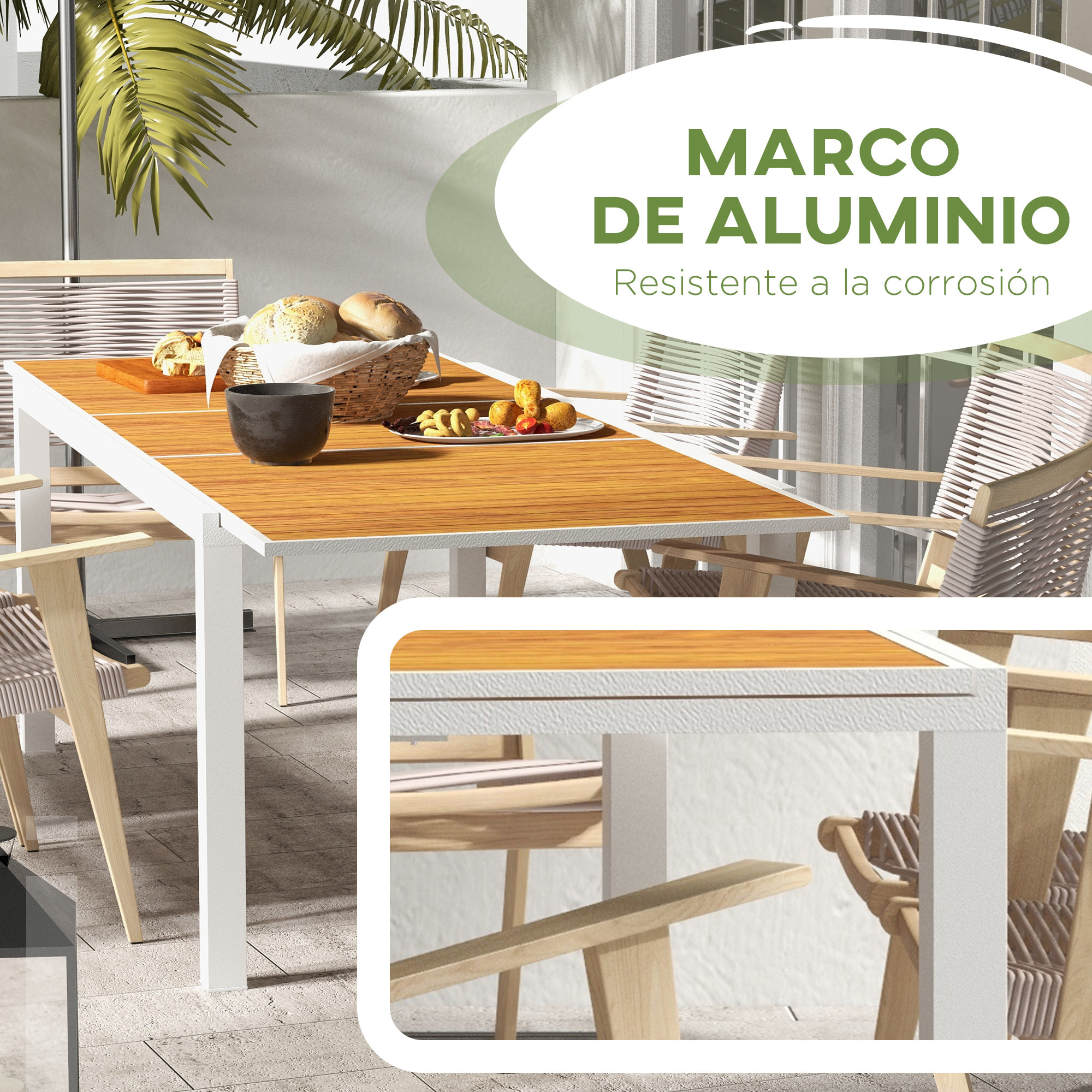 Mesa de Jardín Extensible Mesa de Comedor Exterior Rectangular Mesa de Terraza para 6 Personas con Marco de Aluminio Efecto de Madera Carga 50 kg 180/240x94x73 cm Marrón