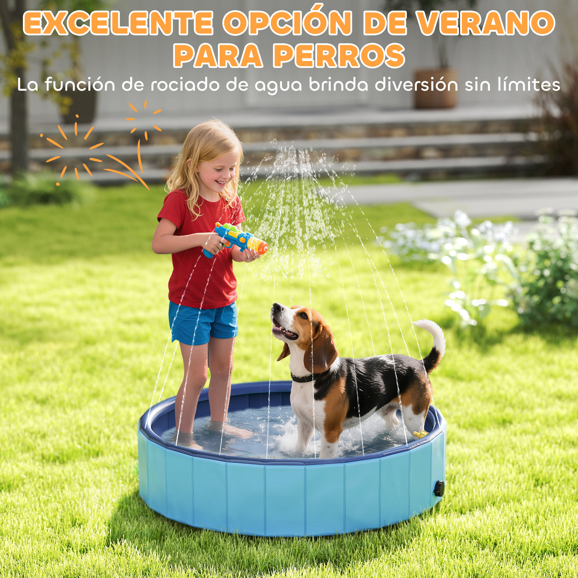 Piscina para Perros Plegable con Aspersor Bañera Portátil para Perros Medianos y Pequeños de plástico Antideslizante y Resistente al Desgaste para Interiores y Exteriores Ø100x30 cm Azul Claro