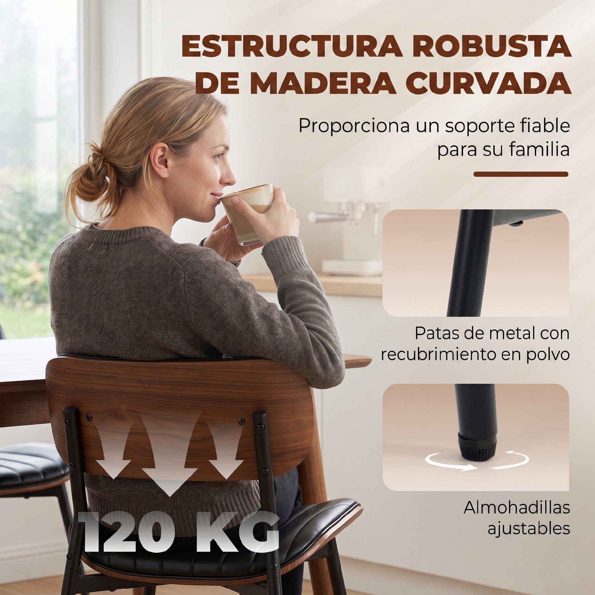 Pack de 2 Sillas de Comedor, Sillas de Cocina Modernas, Tapizadas de Cuero Sintético, Respaldo Curvo, Asiento Acolchado, Estructura de Madera Curvada y Patas Metálicas, Negro y Marrón