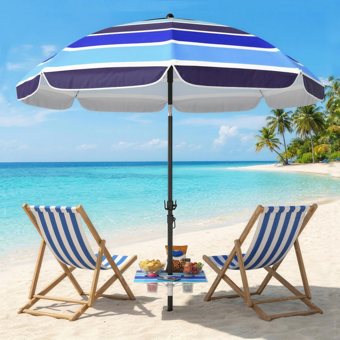 Sombrilla de Playa con Mesa Plegable y Portavasos Ø198 cm, Sombrilla de Terraza Exterior con Altura Ajustable, Inclinación, Bolsa de Transporte y Gancho, UV30+, Multicolor
