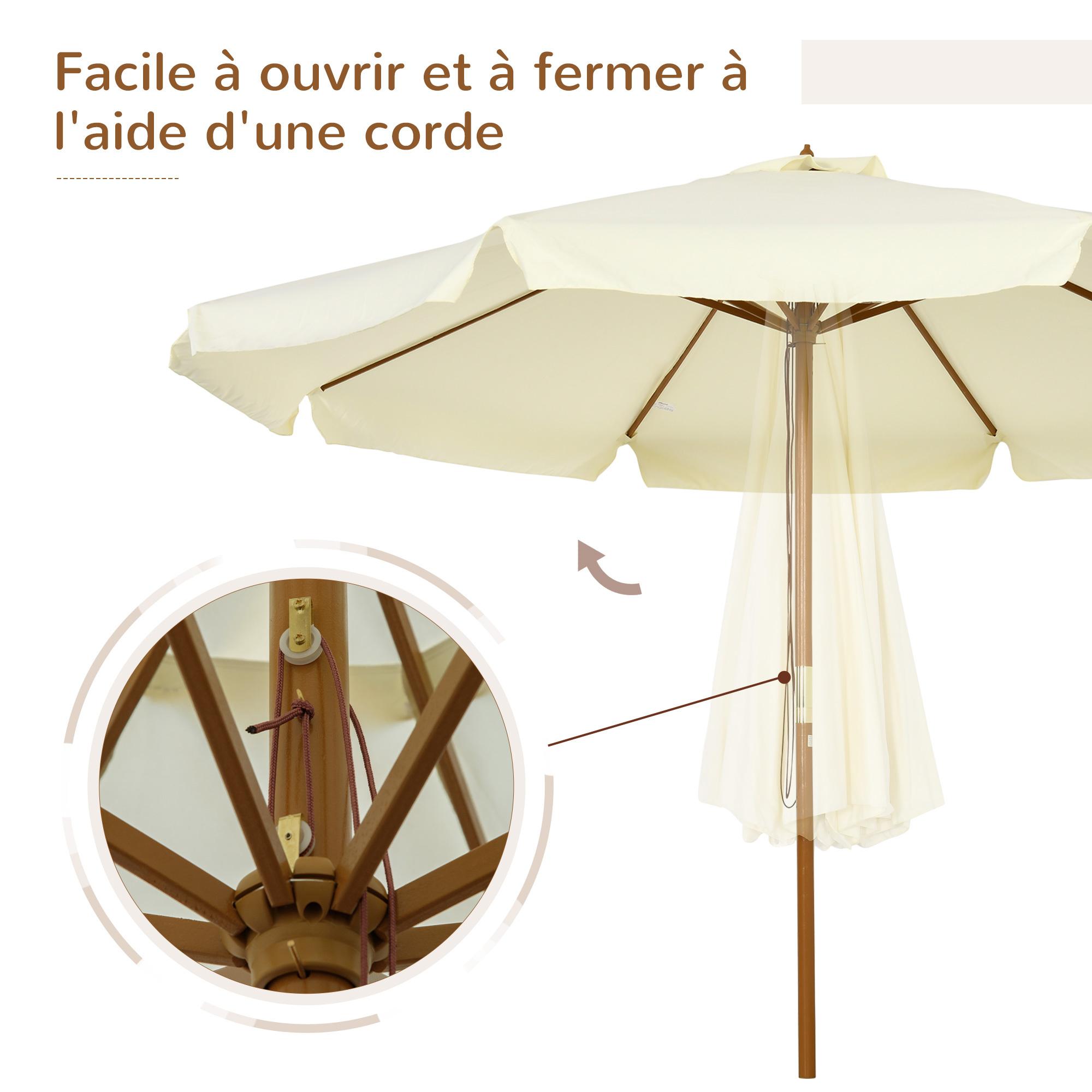Parasol droit rond grande taille de jardin Ø 3,25 x 2,5H m bois de bambou polyester beige