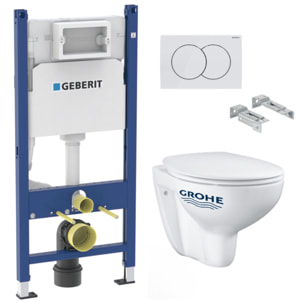 Pack WC Bati-support Geberit Duofix + Cuvette suspendue Grohe Bau Ceramic + Abattant declipsable + Plaque blanche (BauClassicGeb