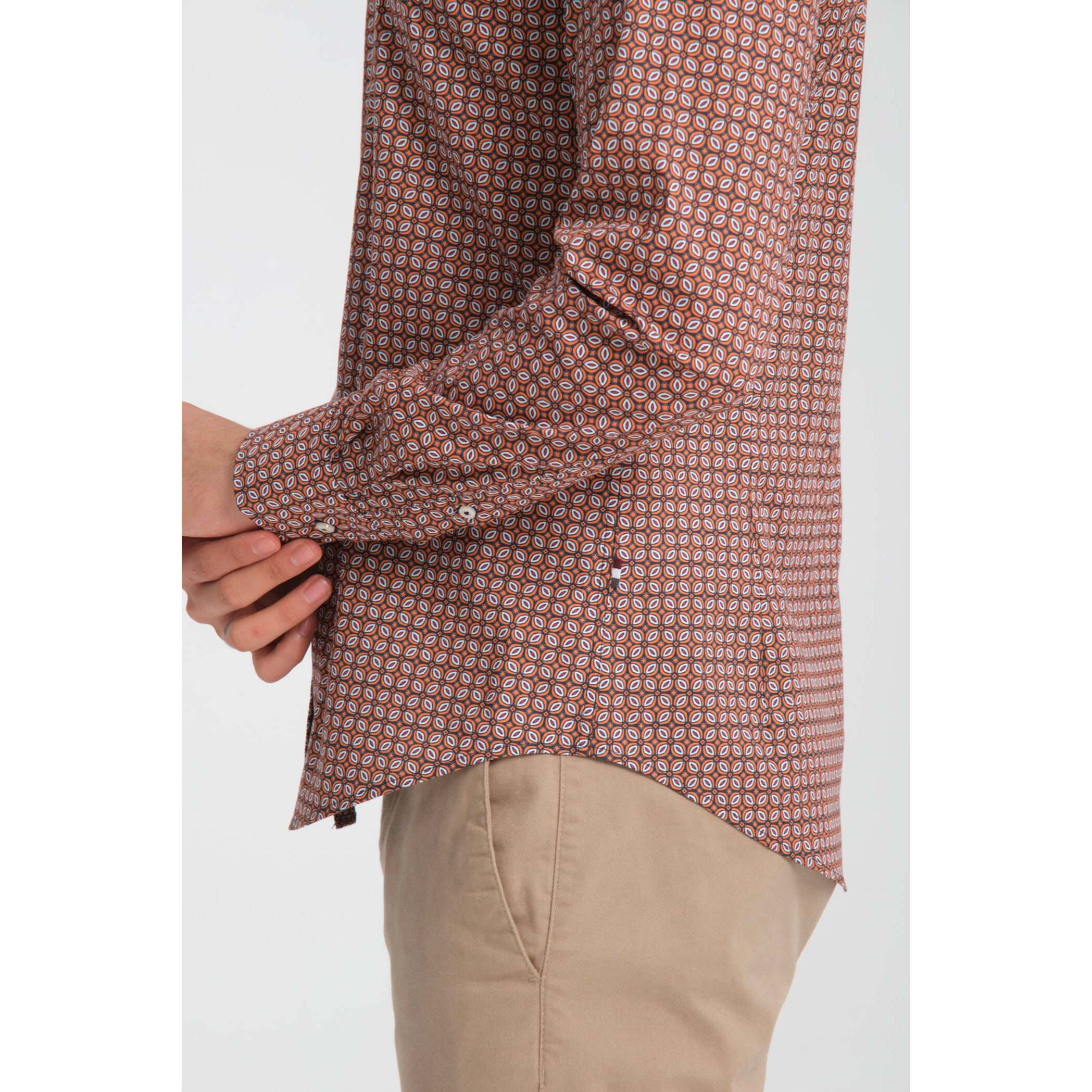 camicia uomo 1 bottone button down slim Popeline Stretch Stampato Blu/Arancio