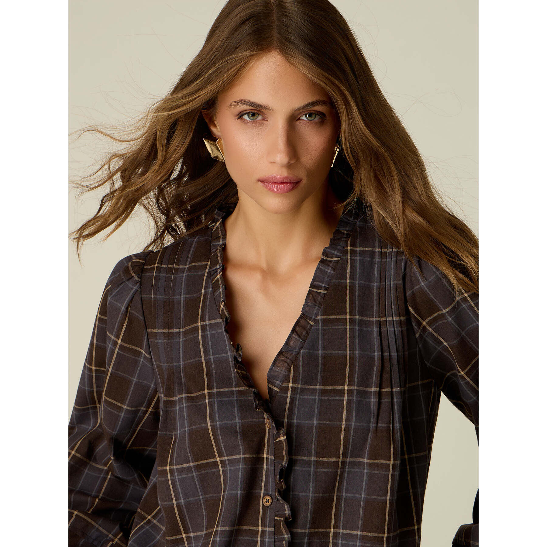 Oltre - Camicia check misto cotone con rouche - Marrone