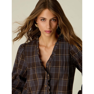 Oltre - Camicia check misto cotone con rouche - Marrone