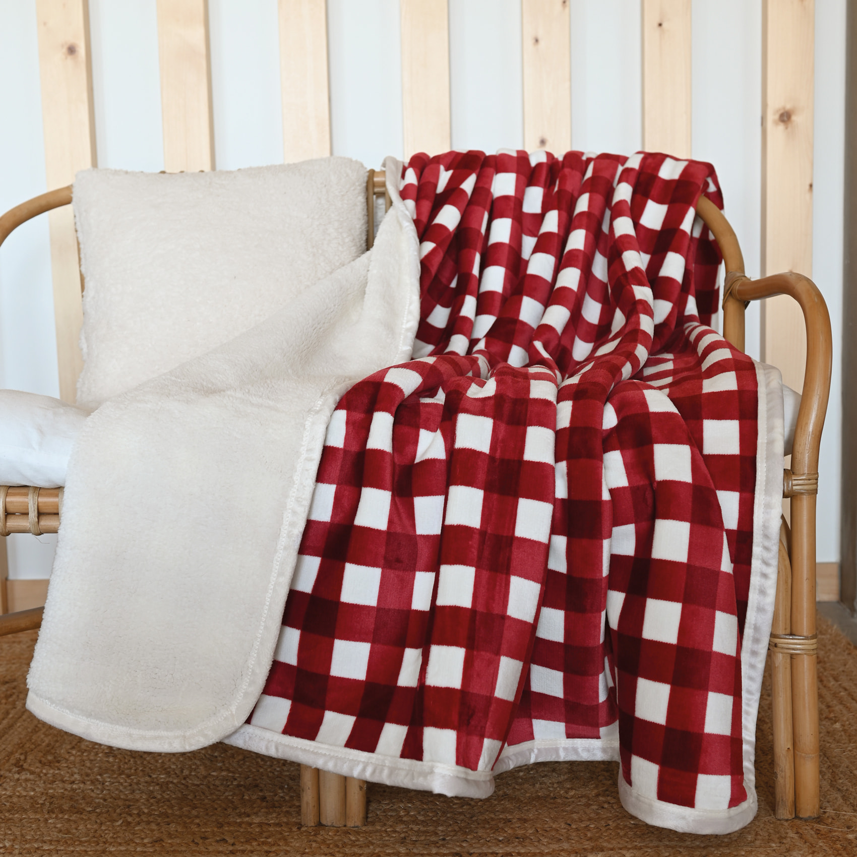 Jeté de canapé et lit motif vichy en polaire - Bordeaux