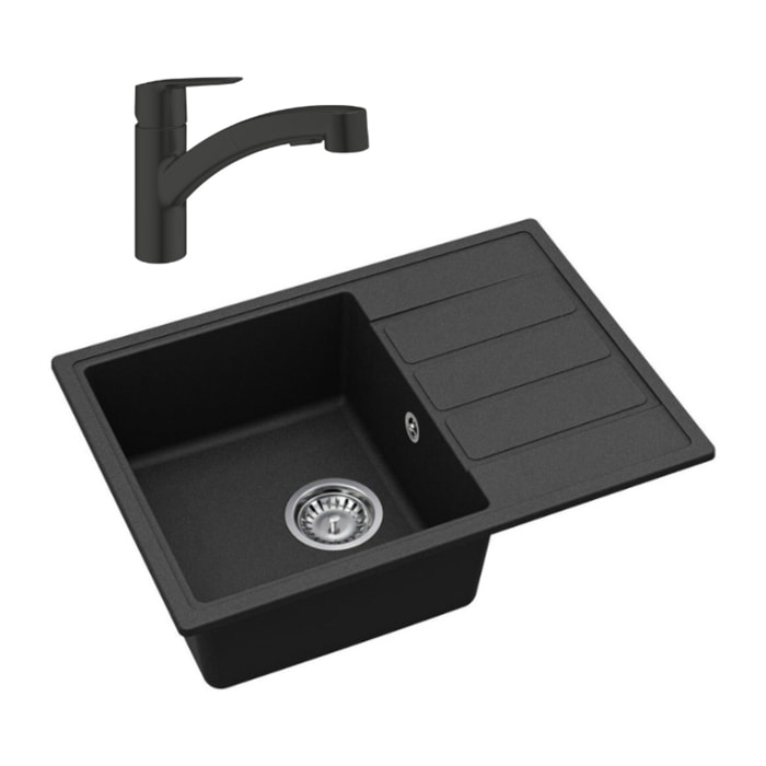 62x44 cm évier avec égouttoir réversible en Granite, à encastrer, noir + mitigeur lavabo/cuisine Grohe Start (SATSE2BG431)