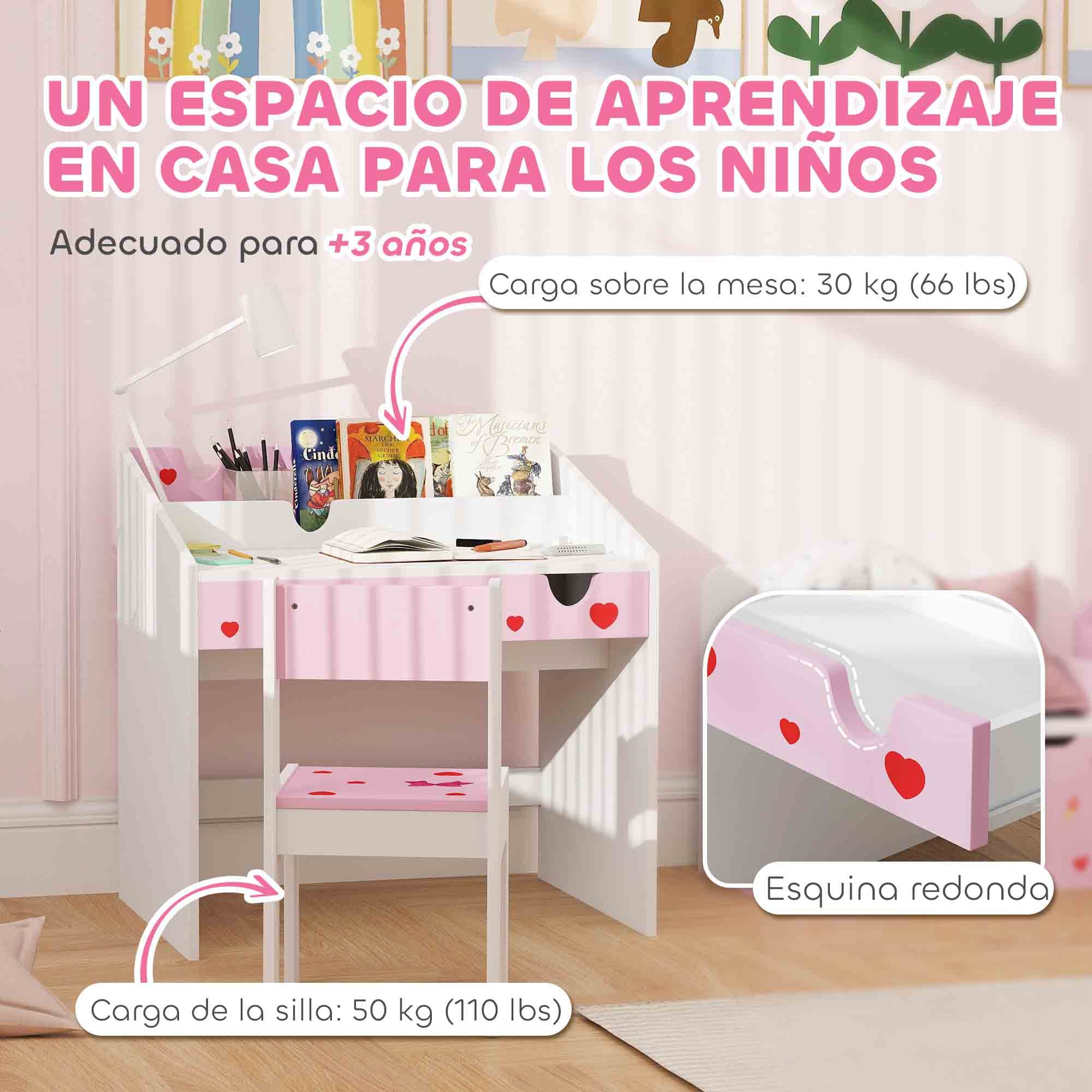 Juego de Escritorio y Silla para Niños de +3 Años Pupitre Infantil con Cajón Extraíble y Compartimento para Dormitorio Sala Estudio Rosa y Blanco