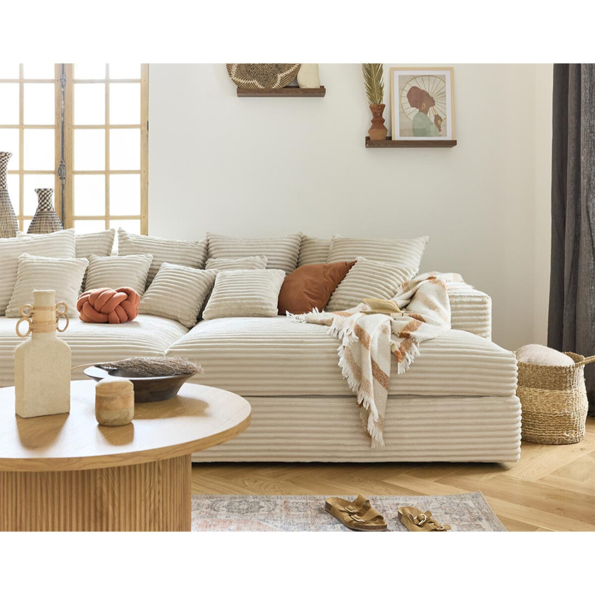 Collins - canapé droit 4 places avec double méridienne - assise profonde - velours côtelé grosses côtes - Beige