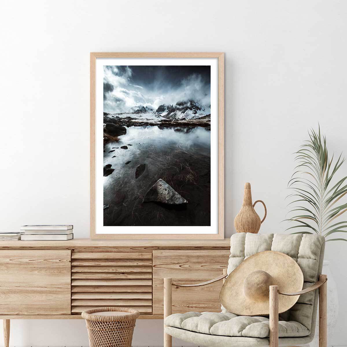 Affiche paysage face aux alpes Affiche + cadre en bois - Chêne