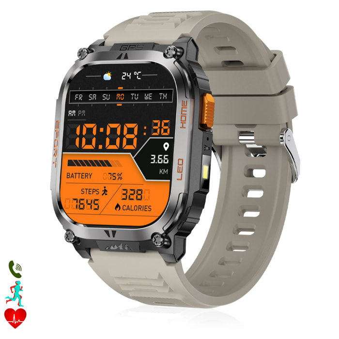 Smartwatch QX18, chiamate bluetooth, GPS + 4 sistemi di localizzazione, torcia, oltre 170 modalità sportive e monitor della salute.