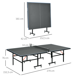 Table de ping pong tennis de table pliable 8 roues - filet, 2 raquettes, 3 balles inclus - noir gris