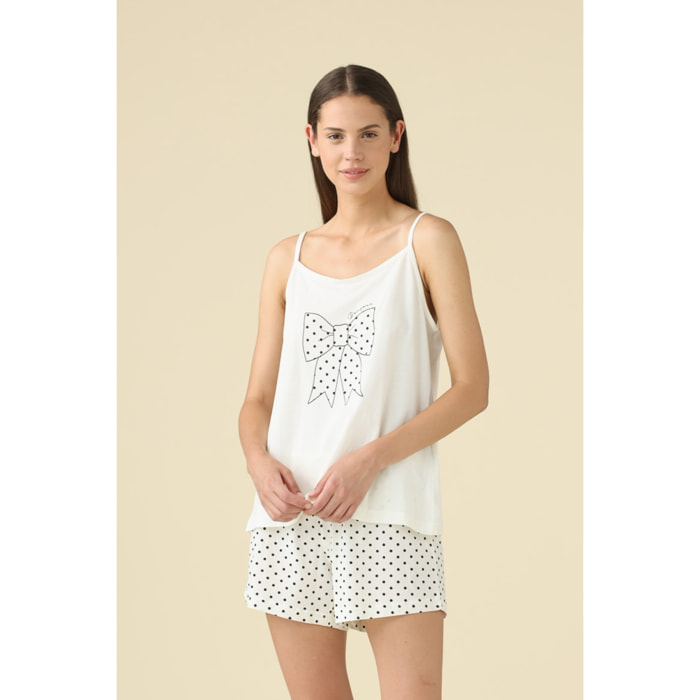 Pigiama donna in cotone top bretellina con fiocco stampato e pantalone corto articolo pois Noidinotte