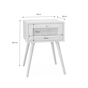 Lot de 2 tables de chevet effet bois blanc et cannage avec 1 tiroir