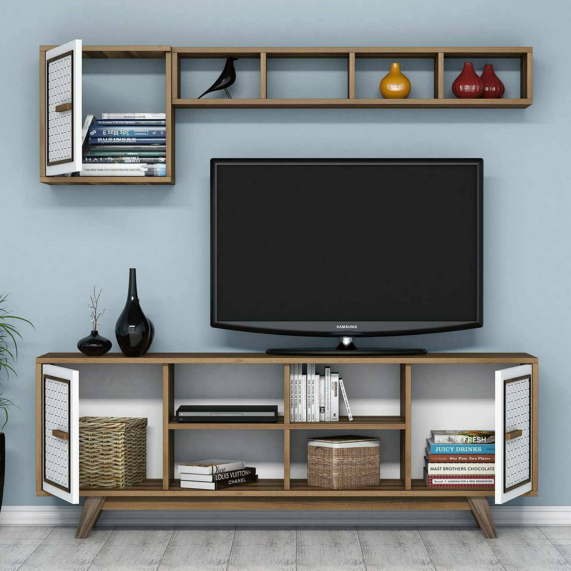 Mobile porta TV Djajal, Credenza da soggiorno, Armadio basso per TV, Base parete attrezzata, 160x35h56 cm, Noce e Bianco