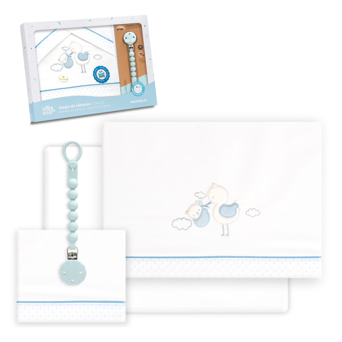 Triptico Cuna Cigueña Oso + Broche Bco/Azul