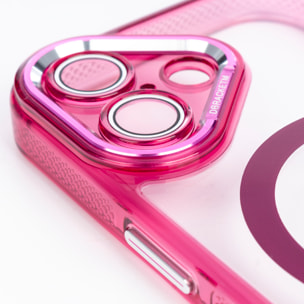 Cover trasparente con fotocamera coperta e bordi fucsia. Magsafe per iPhone 17.