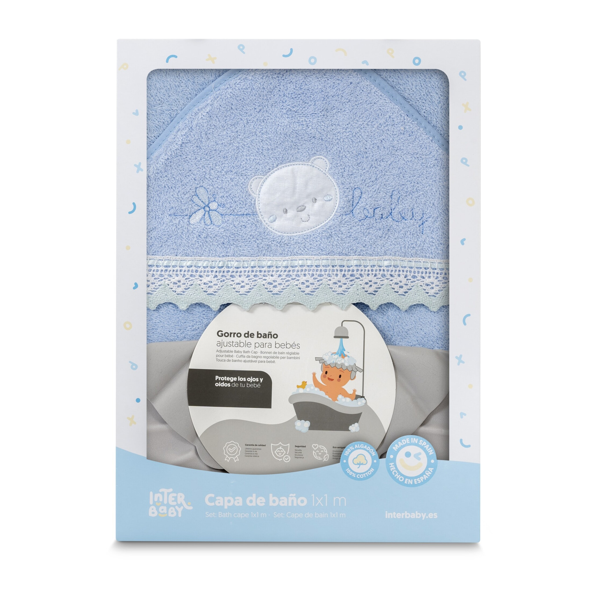 Capa Baño 1X1 Mod Carita Oso Baby Guipur+ Gorro Azul