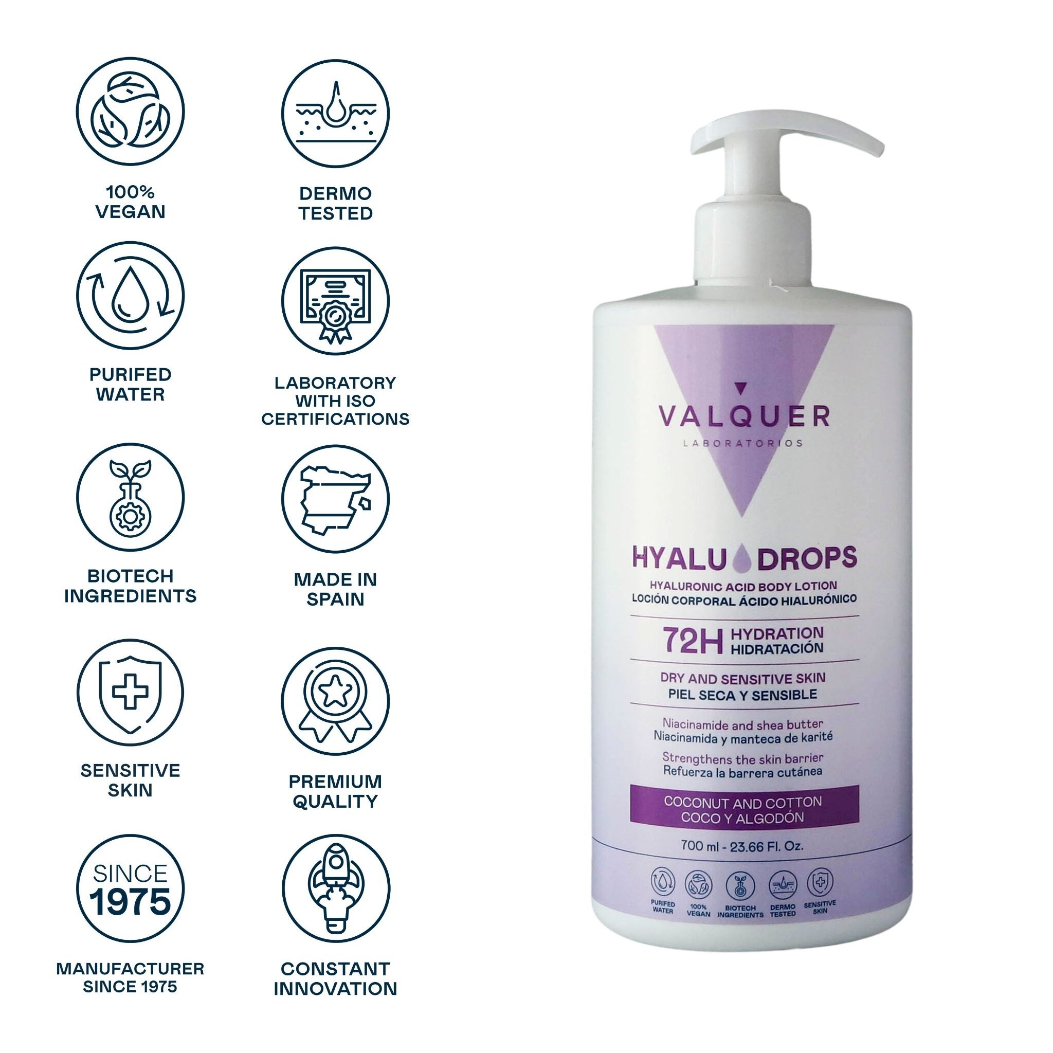 Valquer Hyaludrops Loción Corporal Coco y Algodón – Hidratación 72H - 700 ml