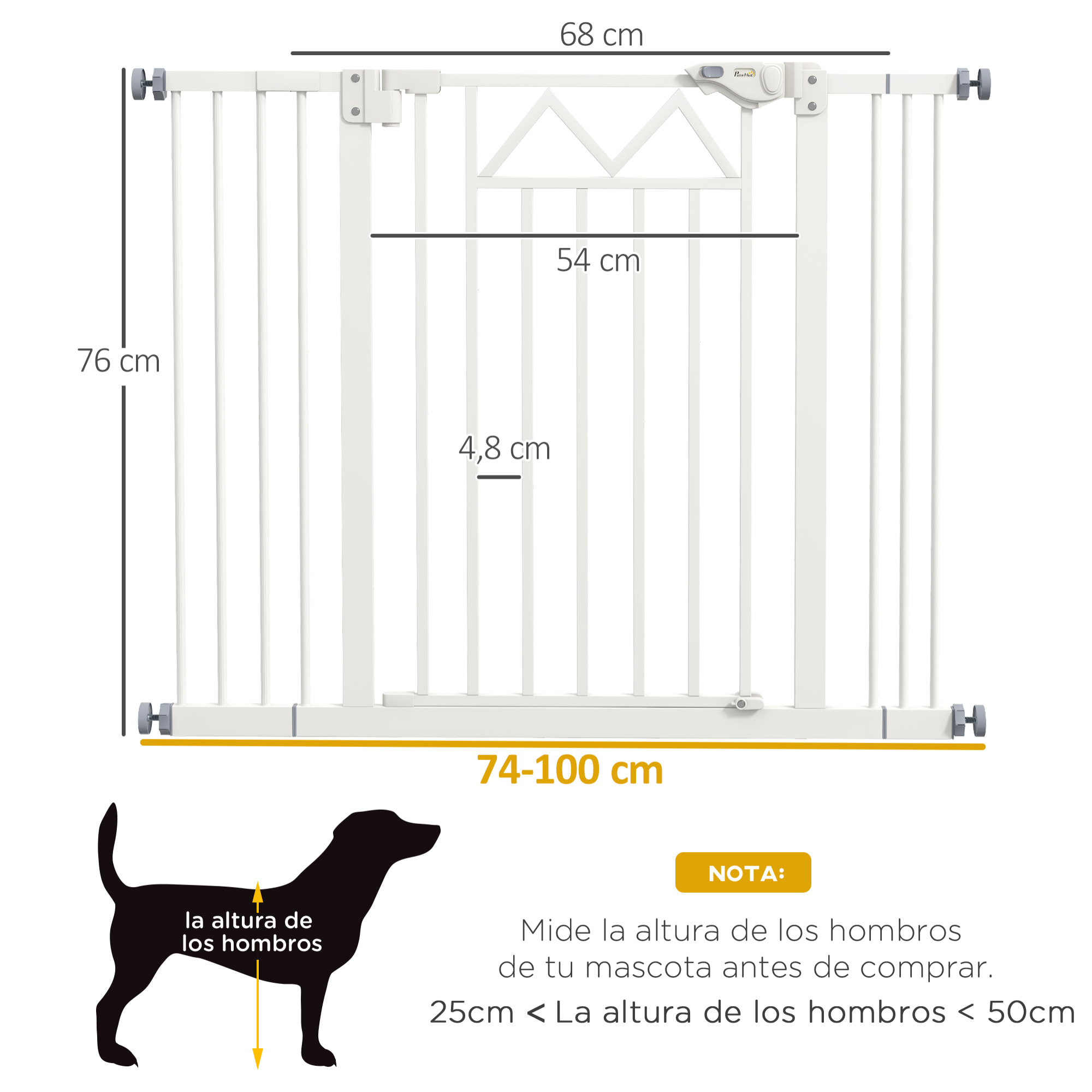 Barrera de Seguridad para Perros Extensible 74-100 cm, para Puertas y Escaleras, Barrera para Perros con Cierre Automático, Doble Bloqueo, Montaje a Presión y 2 Extensiones 7/14cm, Blanco