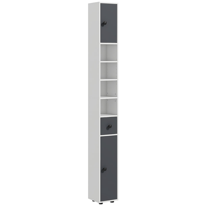 Columna de Baño Moderna Armario Alto de Baño con 1 Cajón 5 Estantes Ajustables y 2 Puertas Mueble de Baño Carga 30 kg 20x20x180 cm Gris