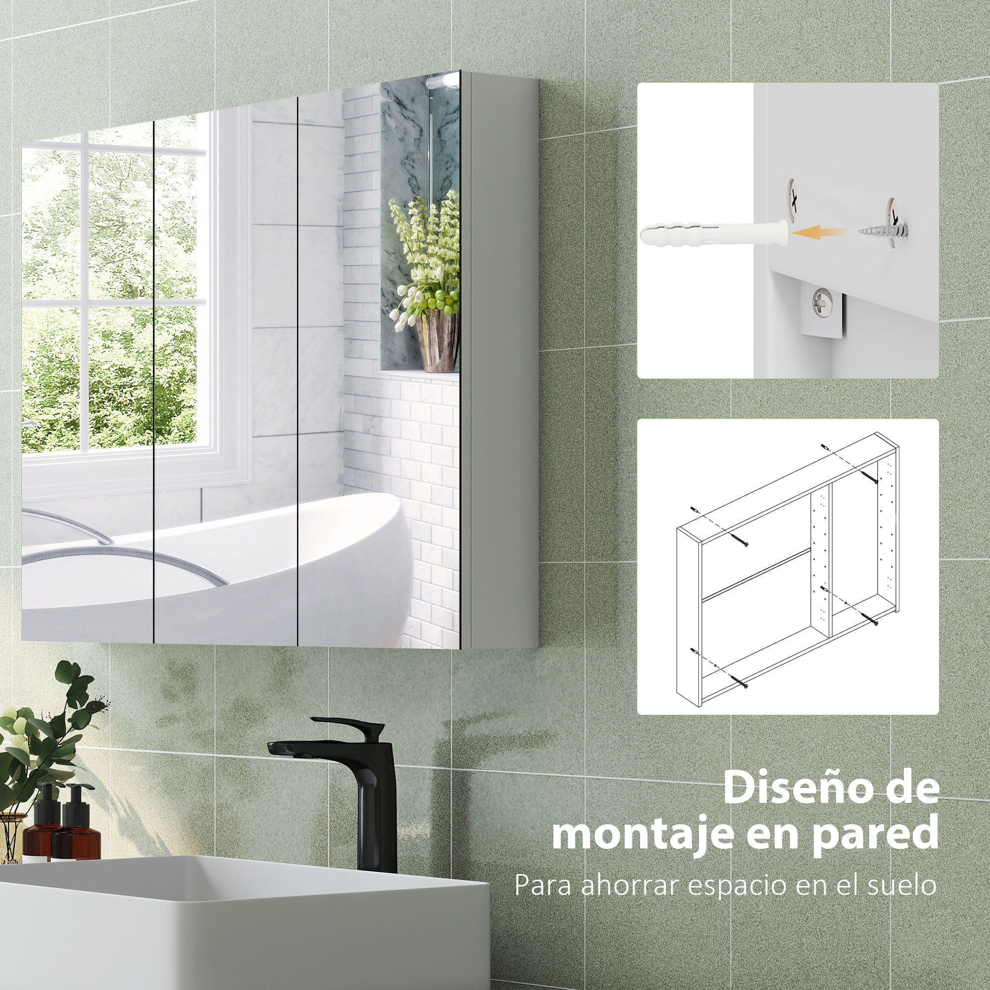 Armario de Baño con Espejo Armario de Pared Mueble de Baño Colgar con 3 Puertas Estantes Ajustables 91,5x11,5x65 cm Blanco