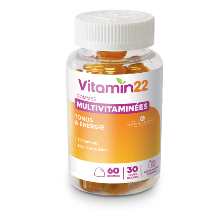 VITAMIN'22 - Gommes Multivitaminées "Energy Boost" - Complément alimentaire à base de 11 vitamines & minéraux - Tonus & Réduction de la fatigue - Goût orange - 60 gommes - Cure 30 jours