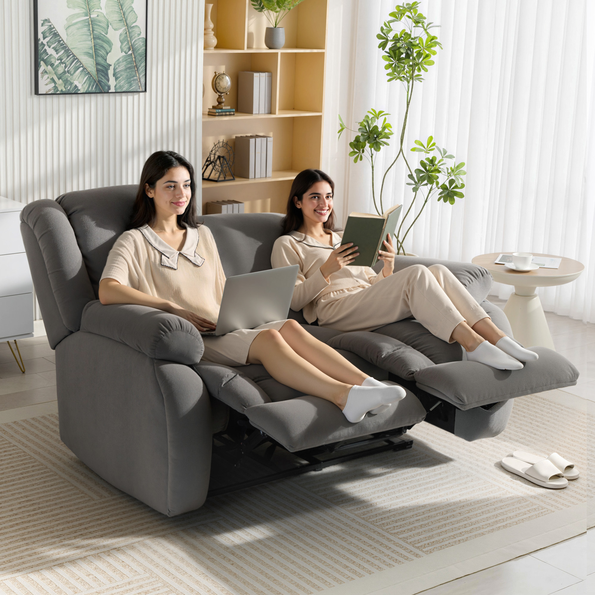 Sillón 2 Plazas Relax Reclinable Manual, Ajuste Separado, Sillón Relax Tapizado en Terciopelo, Reposapiés Ajustable, Asiento Amplio, Muelles, Acolchado Grueso, Sofá Reclinable hasta 135Âº, Gris