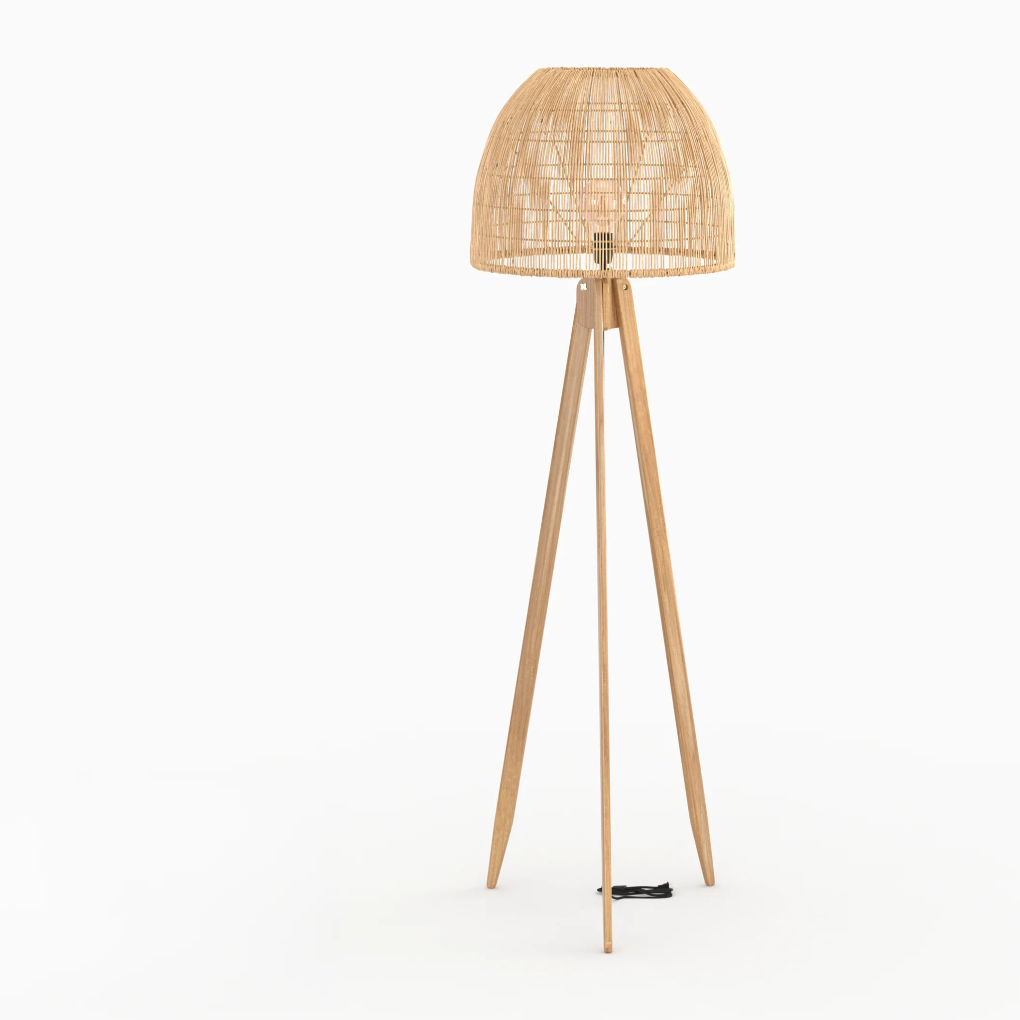 Lampadaire trépied en rotin et bois de teck massif - Corte