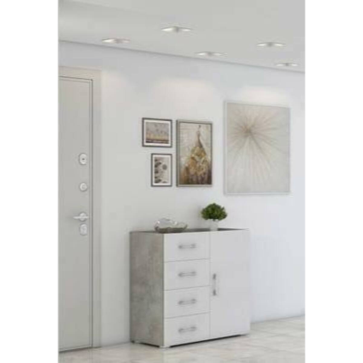 Credenza Aracnida, Mobile buffet a 1 anta e 4 cassetti, Madia da soggiorno, Armadietto multiuso con ripiani, 100% Made in Italy, 90x41h87 cm, Bianco e Cemento