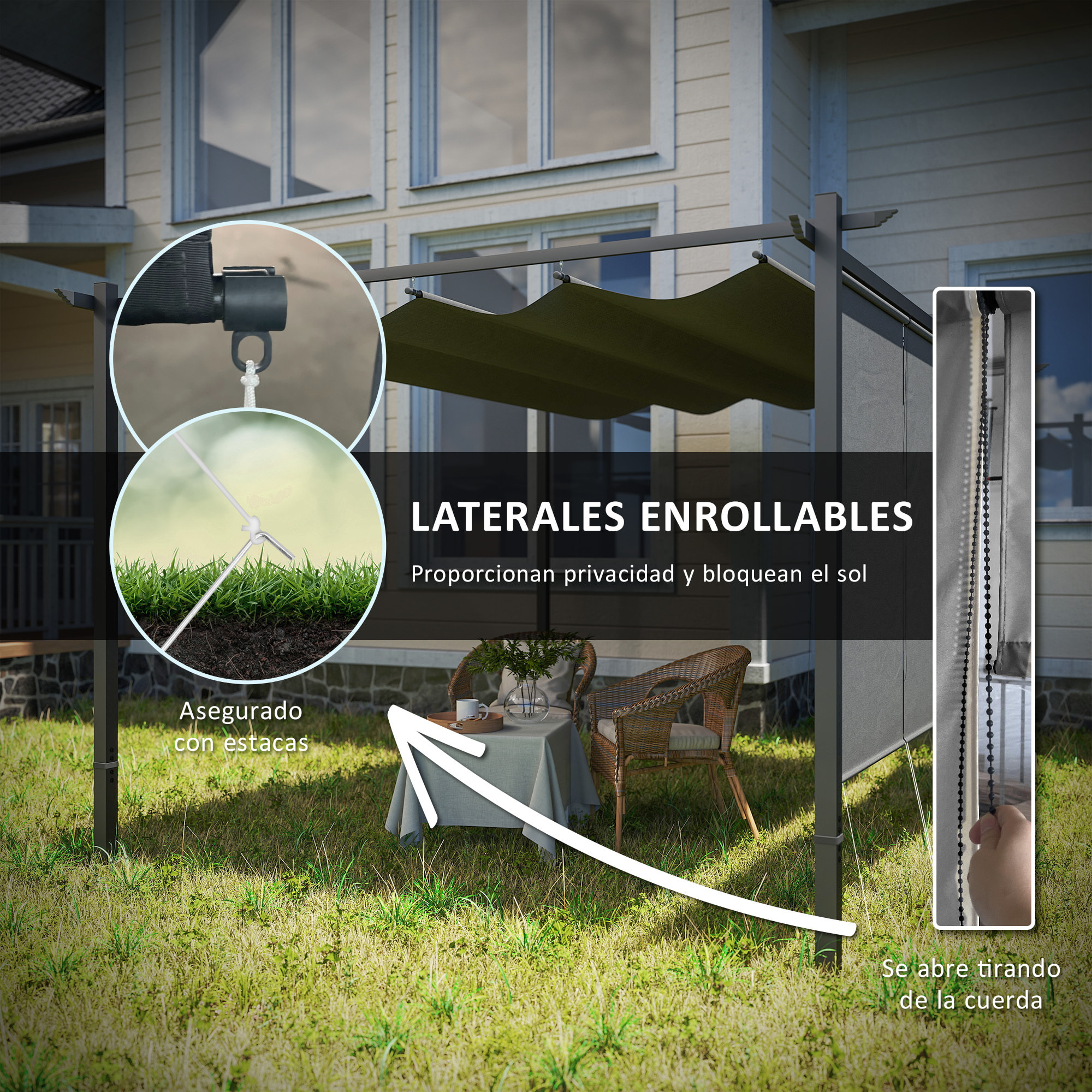 Pérgola con Techo Retráctil Pérgola de 4x3 m Cenador de Pared o Independiente con Laterales Enrollables Protección UV30+ Pabellón para Jardín Patio Terraza Exterior Gris