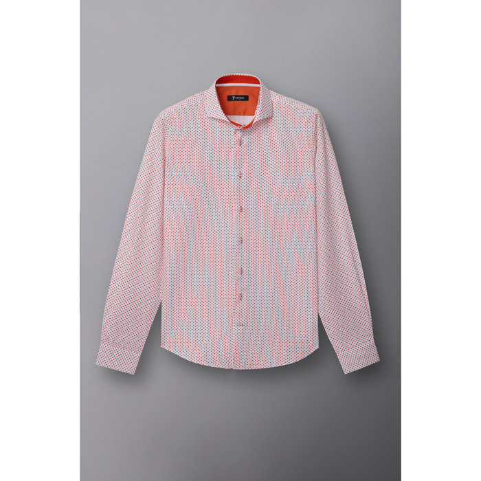 Camicia Uomo 1 Bottone Francese Slim Popeline Fantasia Bianco Arancione Scuro