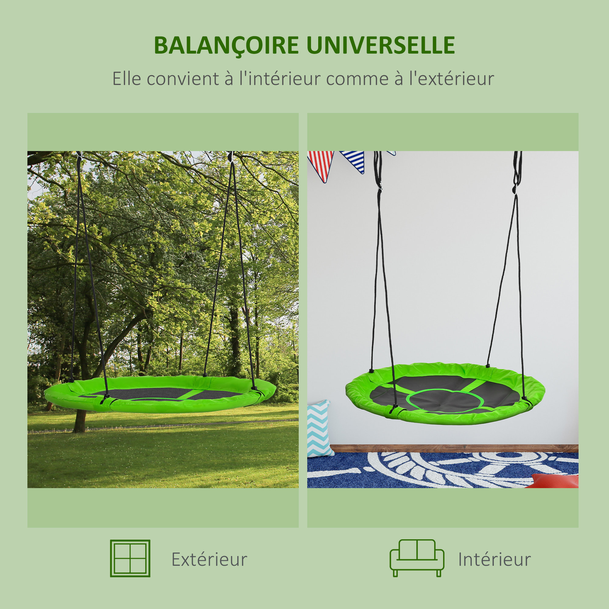 Balançoire nid d'oiseau ronde balançoire panier Ø 110 cm 4 anneaux inclus métal époxy Oxford haute densité vert