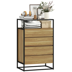 Cómoda 4 Cajones, Cómoda Dormitorio con Superficie de Vidrio Templado, Estante Abierto, Estructura de Acero, Cajonera para Salón, Oficina, 60x40x94,5 cm, Teca